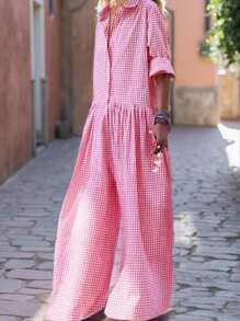 INAWLY Plus Size Plaid Print Button Front Casual Long Sleeve Jumpsuit - Pink - View 1