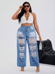 SHEIN EZwear 大码女式珍珠链装饰破洞宽松阔腿牛仔裤，休闲街头时尚 - 彩色 - 查看 5