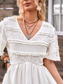 LanaWest Vestido ajustado con mangas acampanadas, diseño bohemio elegante de encaje calado, estampado floral vintage para festival y vacaciones, primavera/verano - Albaricoque - Ver 4