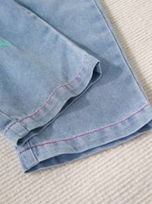 SHEIN Y2K 风格水洗浅色休闲宽松心形刺绣腰带阔腿牛仔裤，适合青少年女孩，简约百搭，适合日常穿着 - 淺色水洗藍 - 查看 5