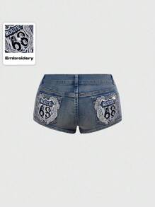 ROMWE Grunge Punk Quần short denim mini cạp thấp đính đá lấp lánh gợi cảm California Girl dành cho nữ - Màu xanh lam - Xem 1