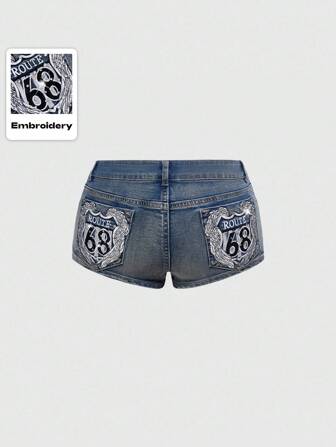 Grunge Punk Damen Denim Shorts im Minirock-Stil mit sehr tiefer Taille, Flügelstickerei und Strass, "California Girl" Style