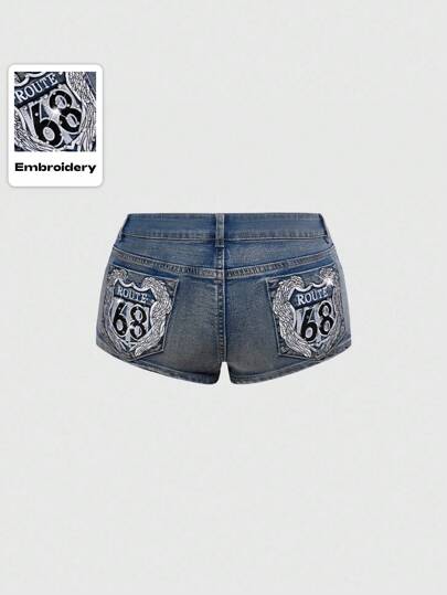 Grunge Punk Short en jean mini taille très basse pour femmes avec ailes en strass et broderie, style <<California Girl» sexy