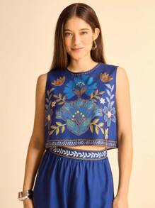 CAJUNI Women's  Vacation Bohemian Deep Blue Tropical Plant Printed Round Neck Hollow Back Casual Loose Summer Vacation Blouse, Suitable For Dating, Beach, Summer Tops,Tube Top,Crop Tops,Blusas Bonitas De Mujer,Cute Summer Tops,Basic Tops,Summer Top,Navy Blue Top,Going Out Tops Women