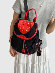 ROMWE 1pc Black Kawaii Cute Summer Strawberry Print Fashion Backpack For Women, Suitable For Daily Commute, School, Travel, Etc. - Black - View 4