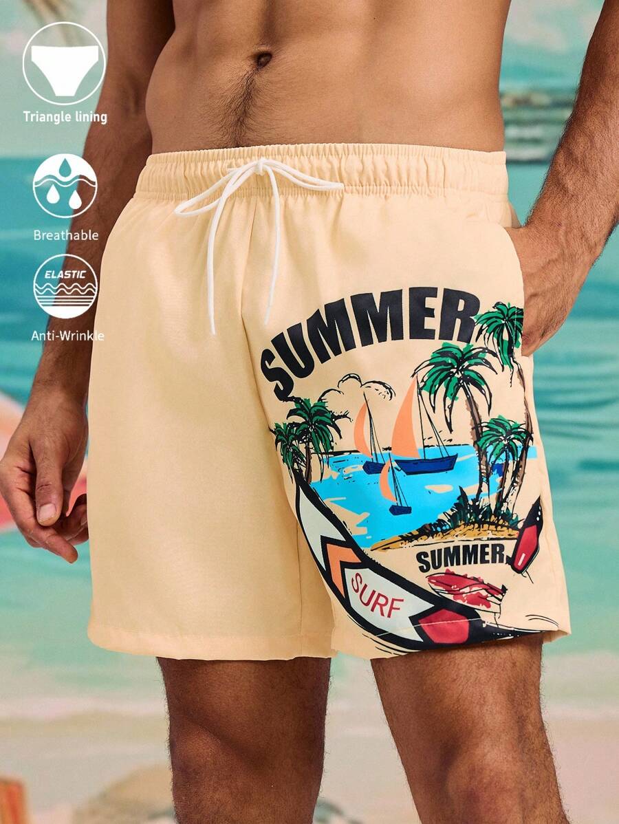Manfinity KASUA Men's Elastic Waist Drawstring Loose Casual Palm Tree Print Beach Shorts - Pink - View 1