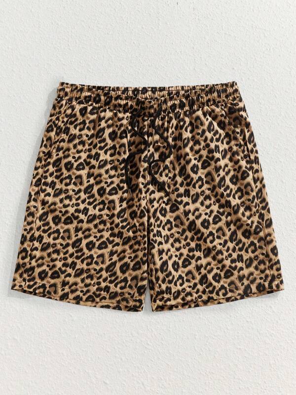 Manfinity VCAY Men's Casual Woven Four-Way Stretch Leopard Print Mid-Waist Straight Leg Shorts, For Back To School