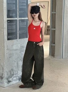 Dazy Kids 少女宽松直筒豹纹牛仔裤，时尚 - 棕色 - 查看 3