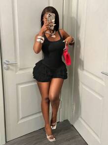 BamGleam Women's Solid Color Square Neck Sleeveless Wide Strap Ruffle Hem Layered Jumpsuit - Black - View 4