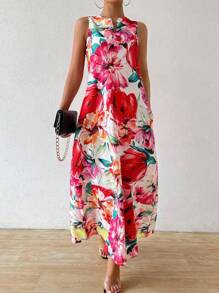 Breezaya 假日休闲随机花朵印花缺口领无袖开衩连衣裙