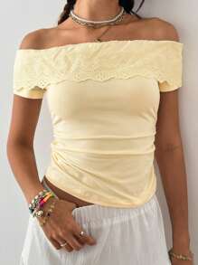 Jouncy Áo trễ vai tay ngắn viền ren nhún bèo màu vàng cho nữ - Màu vàng - Xem 1