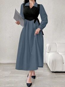 Modelyn 优雅女士秋季拼色不对称系带侧裙长款女士服装 - 藍色 - 查看 6