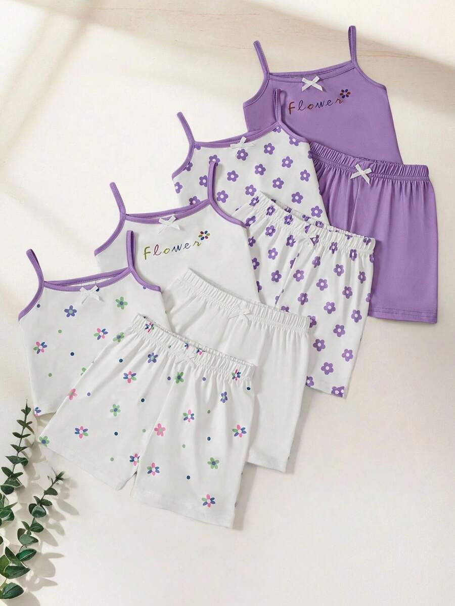 SHEIN Vintaside Kids 8pcs Baby Girls' Comfortable And Versatile Floral Print Tank Top And Shorts Set For Spring/Summer, Suitable For Indoor And Outdoor - Purple - View 1