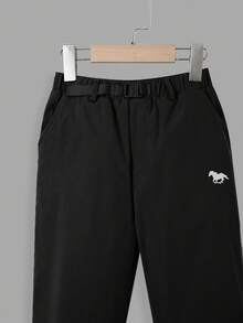 SHEIN Pantaloni dritti per ragazzi pre-adolescenti, con stampa del logo del cavallo, vita con bottoni e fodera termica