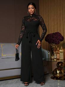 Lunelith SHEIN Lunessa 女士优雅撞色蕾丝透视连体裤 - 黑色 - 查看 1