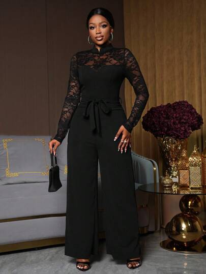 Lunelith SHEIN Lunessa Women's Elegant Contrast Lace Sheer One-Piece Jumpsuit Black Jumpsuit Women Elegant Fall Cloth For Women