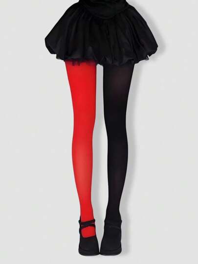 Grunge Punk 1pc Asymmetric Black & Red Sexy Lady Sheer Tights/Pantyhose/Leggings