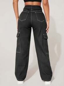 SHEIN PETITE Pantalones vaqueros de carga de pierna recta lavados informales para mujeres