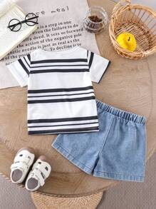 SHEIN Vintaside Kids 2pcs/Set Toddler Infant Baby Boys Casual Striped Pocket Round Neck Short Sleeve T-Shirt And Ripped Washed Denim Shorts, Spring/Summer - Multicolor - View 2