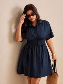 Elaquor 大码纯色纽扣前扭纹休闲短袖连衣裙 - 藏蓝色 - 查看 5
