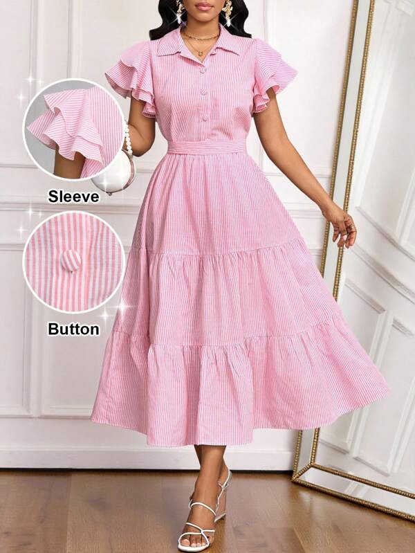 SHEIN Lady Popover Flounce Sleeve Women's Shirts And Elastic Waist Skirt ,Pink And White Ladies Two Pieces Suit Vacation Outfits Women Business Casual Woman Wedding Guest Dress Women