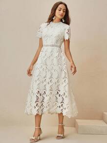 Anewsta Women's Elegant French Style Hollow Lace Embroidery Waist Dress, Summer - Apricot - View 5