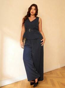 Elaquor 大码条纹印花V领背心和阔腿裤休闲两件套 - 藏蓝色 - 查看 5