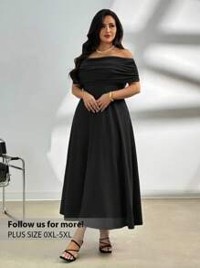 Firerie 大码女式休闲优雅露肩褶饰露肩 A 字形弹力无袖黑色长裙，春夏，女士夏季连衣裙，女士婚礼宾客礼服 - 黑色 - 查看 1