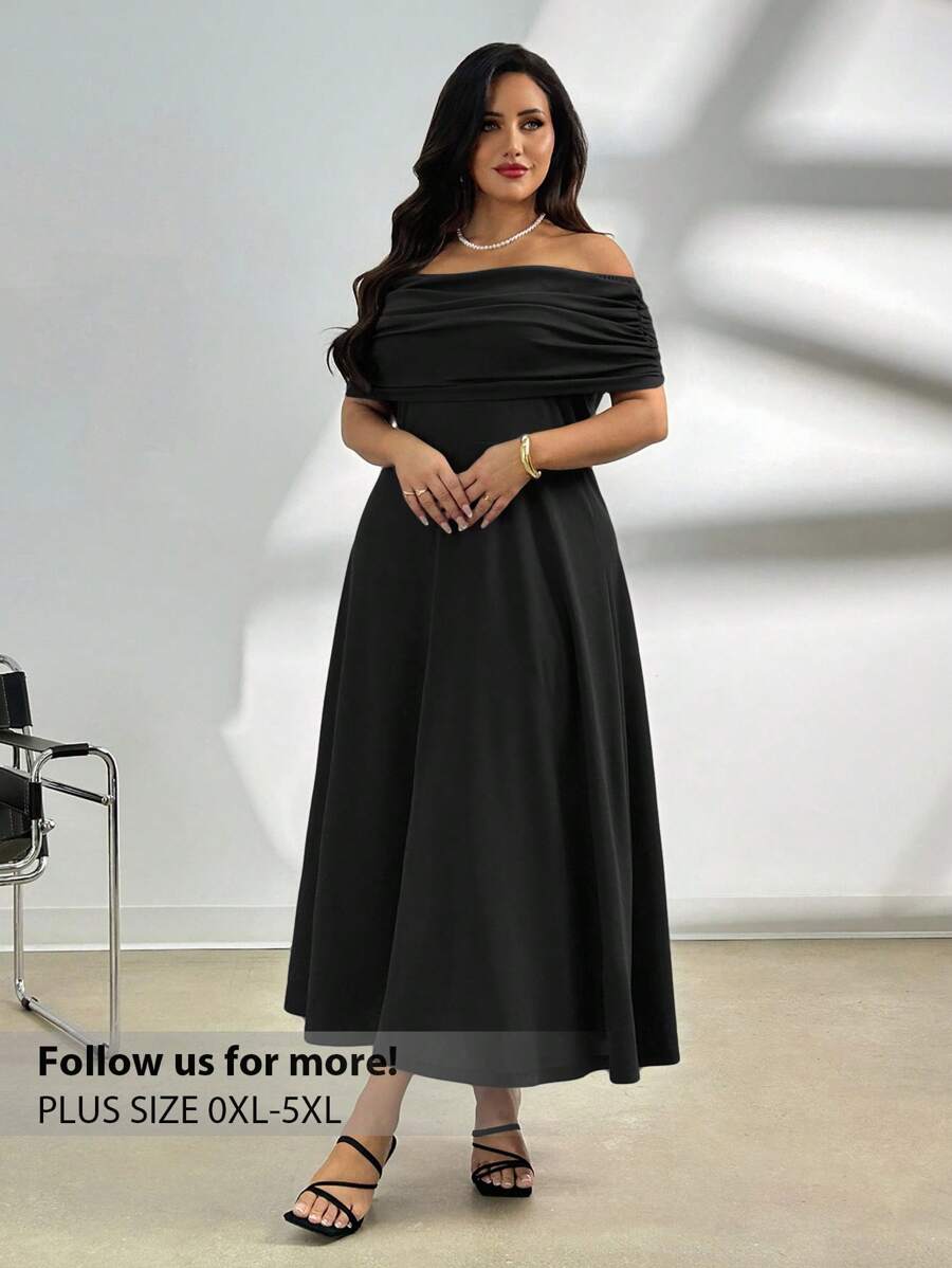 Firerie 大码女式休闲优雅露肩褶饰露肩 A 字形弹力无袖黑色长裙，春夏，女士夏季连衣裙，女士婚礼宾客礼服 - 黑色 - 查看 1