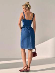 CLARA VERO 小巧斜插口袋纽扣前牛仔中长连衣裙 - 中等水洗藍 - 查看 2