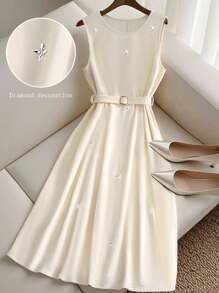 SHEIN Clasi Plus Size Women Knitted Solid Color Round Neck Sleeveless Tie Waist High Low Rhinestone Embellished Elegant Romantic Long Dress - Apricot - View 1