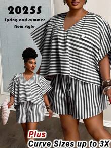 Slaydiva 2025 新款夏季休闲/通勤/旅行黑白条纹 V 领宽松短款上衣和高腰 A 字短裤两件套大码女装