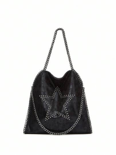 Grunge Punk Vintage Black Rivet Star Studded Chain Multipurpose Large Capacity Shoulder Bag Handbag Punk Personalized Casual Stylish Tote Bucket Bag, Suitable For Vacation, Party, Social, Shopping