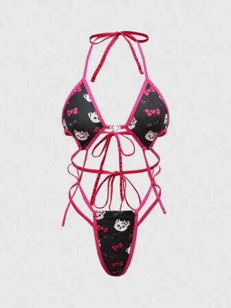 Body sexy da donna con stampa kawaii a forma di cuore e arco, con fiocco in metallo e lacci