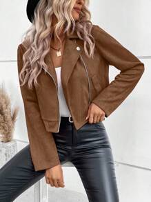 EMERY ROSE Women Casual Solid Color Lapel Collar Zipper Crop Jacket Maillard Style Fall Winter Cloth For Women - Coffee Brown - View 4