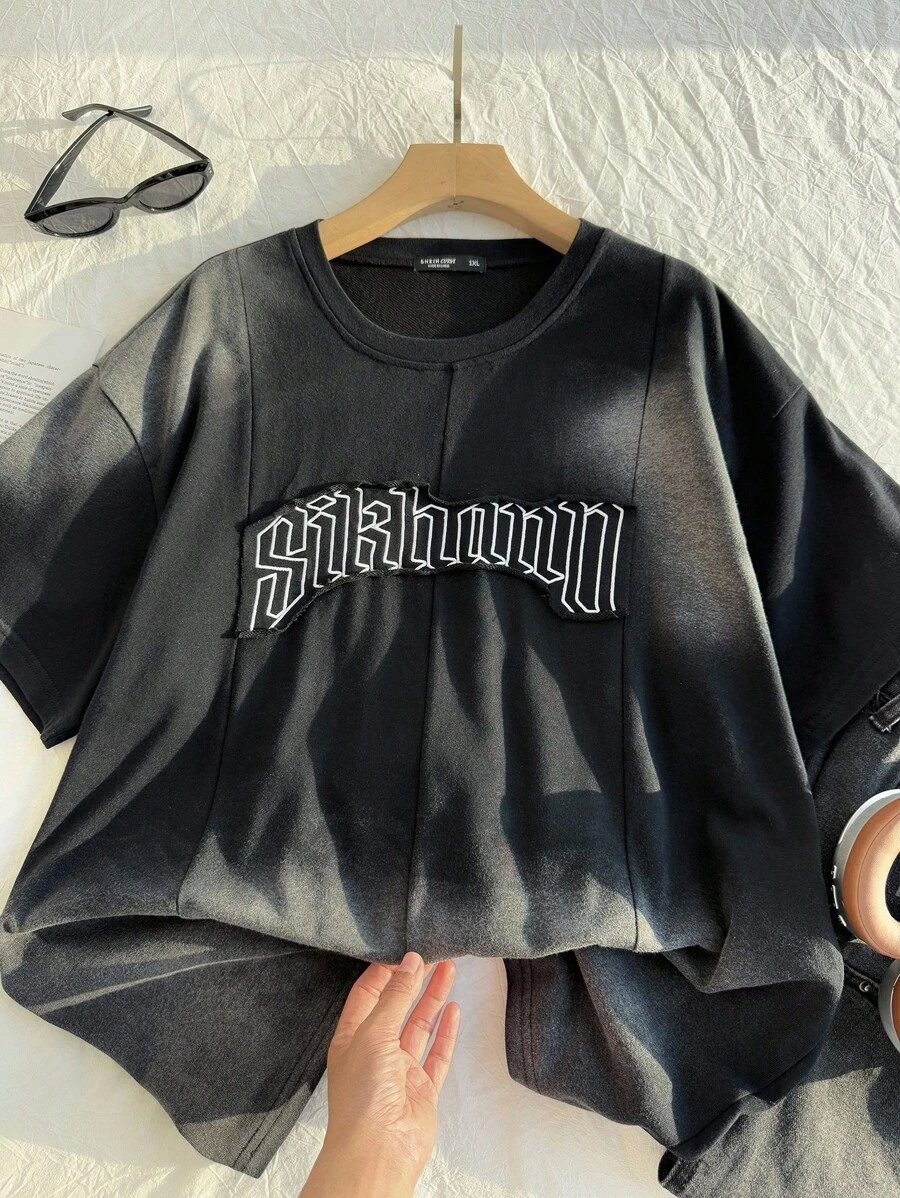 SHEIN EZwear 大码女式时尚水洗短袖T恤 - 黑色 - 查看 1