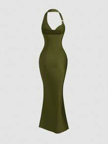 Sweetra 性感露背纯色修身高端复古法式女式长裙 - 橄欖綠 - 查看 2