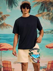 Manfinity KASUA Men's Elastic Waist Drawstring Loose Casual Palm Tree Print Beach Shorts - Pink - View 3