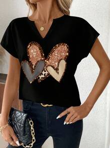 SHEIN Clasi 情人节修身缺口领短袖衬衫，带有心形印花，适合夏季情人节心形衬衫 - 黑色 - 查看 5