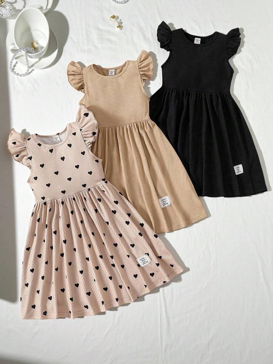 SHEIN 年轻女孩针织纯色盖袖宽松休闲可爱连衣裙三件套套装连衣裙年轻女孩女孩 - 彩色 - 查看 1