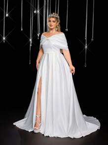 Glamrae Plus Size Elegant Romantic All White Strapless Big Bow Decoration Luxury Wedding Dress Satin Big A-Line Long Tail Embroidery Bridal Wedding Dress Off Shoulder