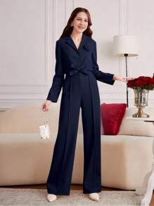 2 件套青少年女孩优雅休闲办公装针织背心和短裤（配腰带） - 藏蓝色 - 查看 1