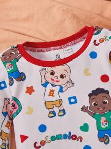 CoComelon X SHEIN 男宝宝卡通西瓜图案可爱休闲长袖T恤和打底裤睡衣套装