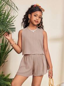 SHEIN Ensemble de Top court à col rond sans manches avec nœud papillon dans le dos et short, texture tissée, pour préadolescentes, pour vacances - Nude - Voir 4