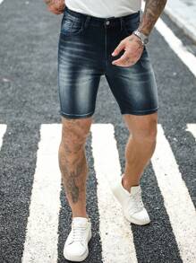 Manfinity Homme Men's Casual Washed Angled Pockets Skinny Denim Shorts, Summer - Dark Wash - View 6