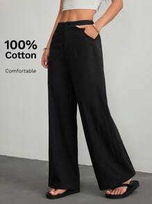 SHEIN PETITE 女士纯色口袋休闲宽松低腰直筒裤 - 黑色 - 查看 7