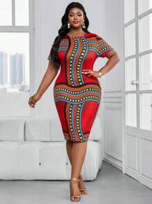 SHEIN Lady Abito midi a maglia con scollo tondo, colorato, elegante stile boho, adatto per l'ufficio e il tempo libero, taglie forti, vestiti eleganti da donna, look raffinati