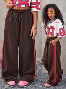 Coolane Kids 青少年女孩松紧腰拼接织带宽松街头风裤子，适合所有季节 - 咖啡棕 - 查看 1