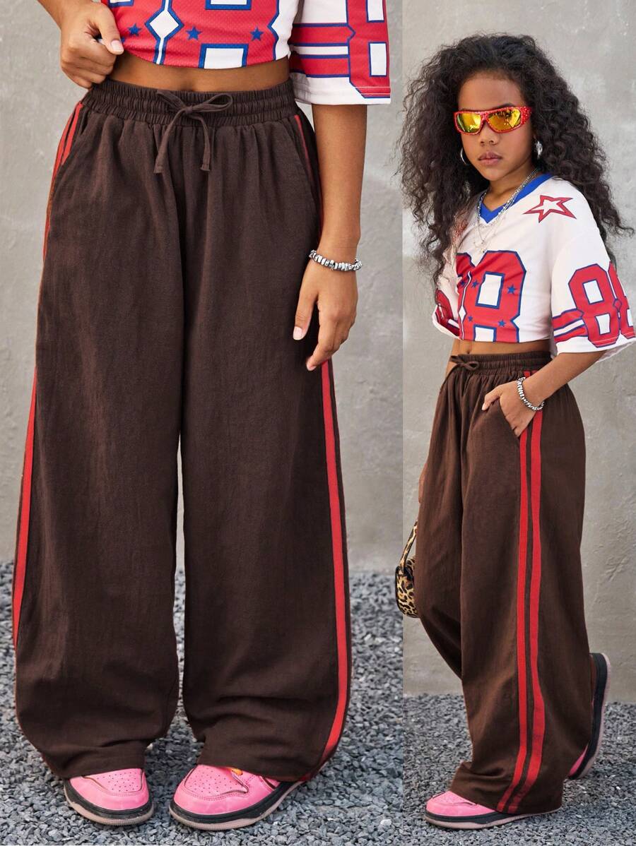 Coolane Kids 青少年女孩松紧腰拼接织带宽松街头风裤子，适合所有季节 - 咖啡棕 - 查看 1