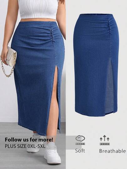 Firerie 大码牛仔迷你裙，休闲褶皱侧开衩弹力蓝色